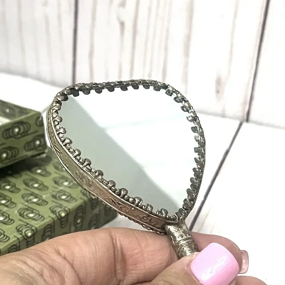 Vintage Asian Heart Shaped Hand Mirror Geisha Enamel Faux Jade Handle